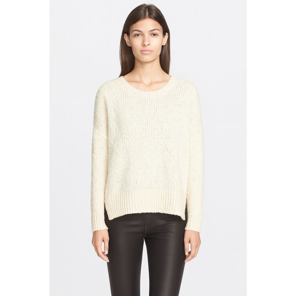 Vince Womens L‎ Merino Wool Blend Sweater Ivory Crew Neck Textured Open Knit